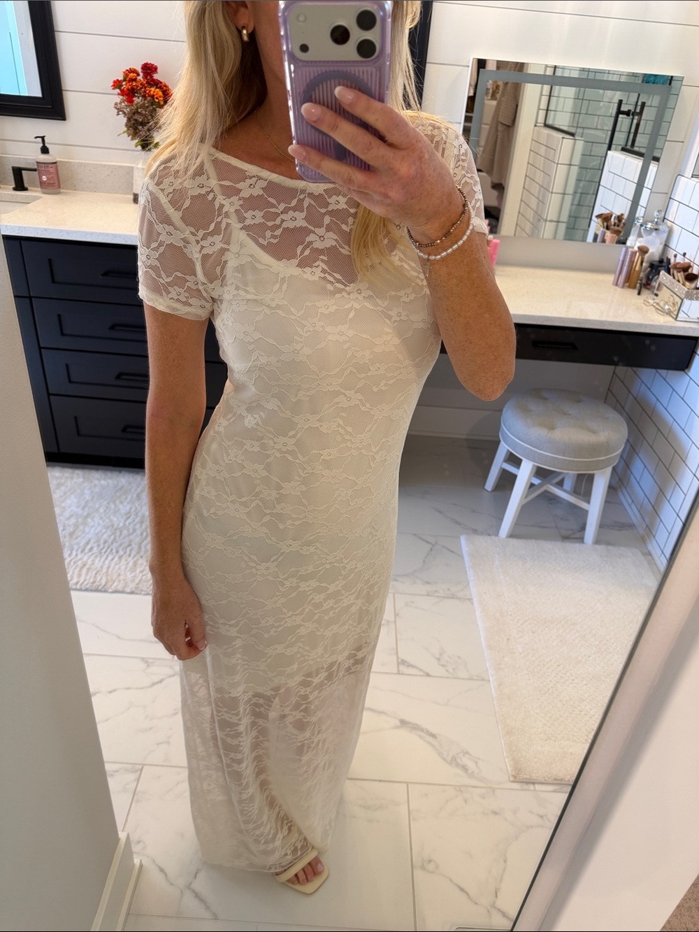 wild fable Ivory Lace Maxi Dress with Short Sleeves